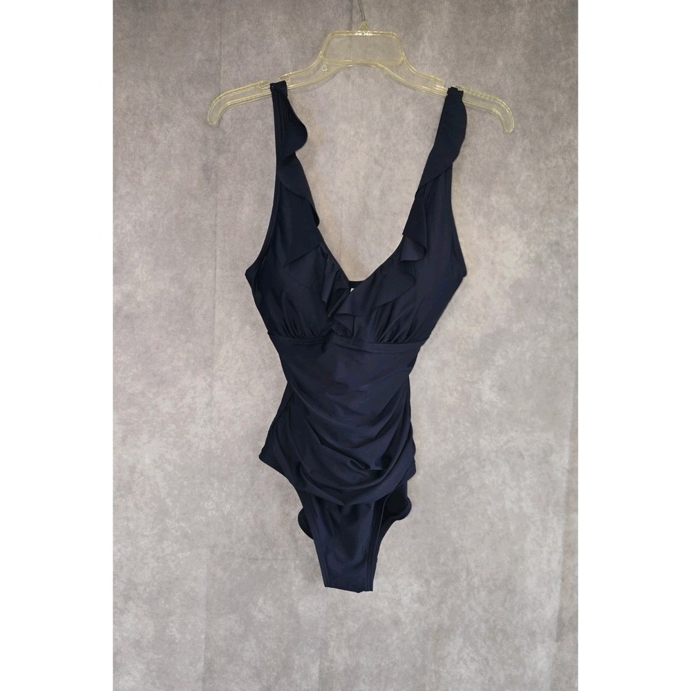 DKNY Ruffle Plunge Underwire Tummy Control One Piece Swimsuit Navy Blue  Medium